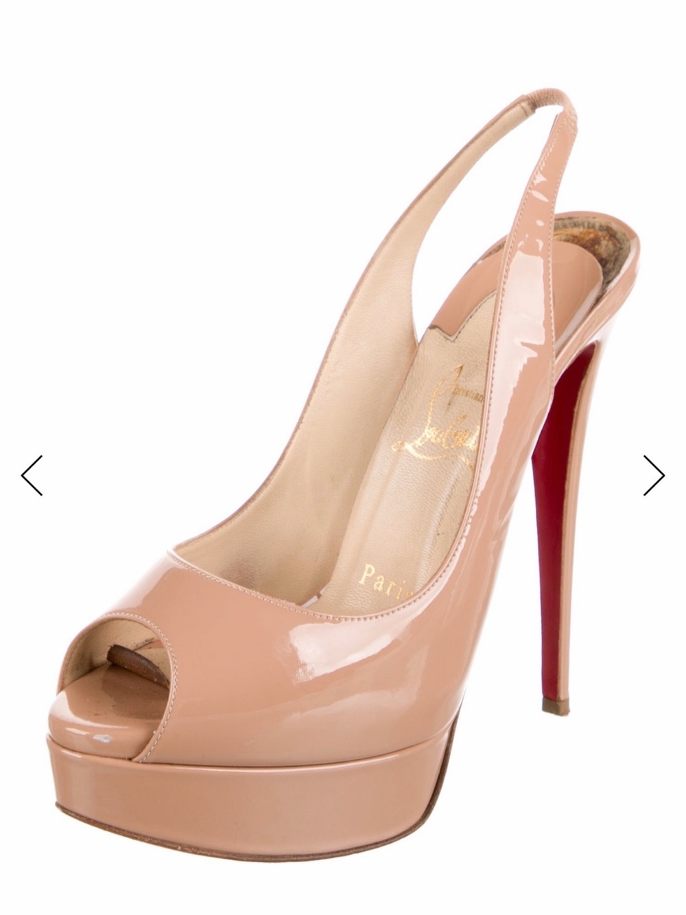 Christian Louboutin Nude Patent Peep-Toe Slingback Platform Pump with Red Sole